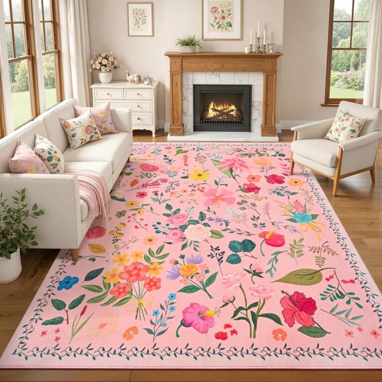 ISEAU 6x9 pink floral boho area rug featuring a vibrant botanical pattern, soft low-pile microfiber construction, textured non-slip TPE backing, and a machine-washable design for living rooms, bedrooms, nurseries, dining rooms, and playrooms.