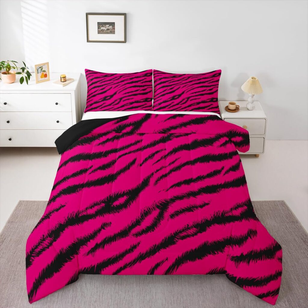 jejeloiu queen comforter set featuring a vibrant hot pink zebra stripe animal print with a soft microfiber comforter and two matching pillowcases for all-season bedroom décor.