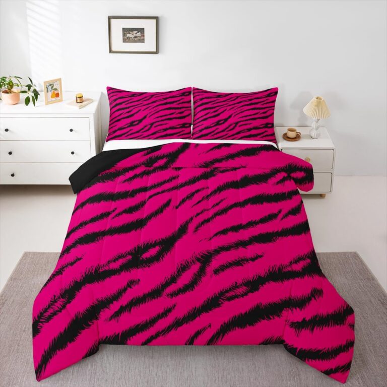 jejeloiu queen comforter set featuring a vibrant hot pink zebra stripe animal print with a soft microfiber comforter and two matching pillowcases for all-season bedroom décor.
