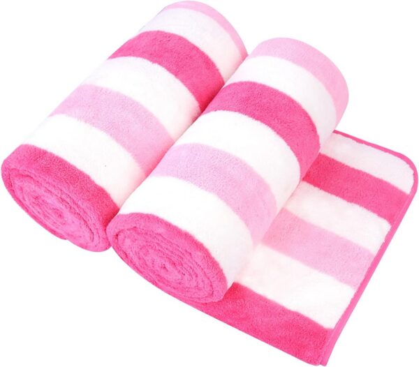 JML set of two oversized cabana stripe pink coral fleece microfiber bath towels measuring 30 by 60 inches, featuring a soft, absorbent, quick-drying design for bathrooms, beaches, gyms, spas, and travel.