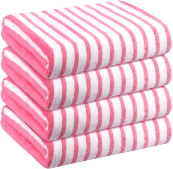 JML set of four pink striped microfiber towels measuring 27 by 55 inches, featuring a soft, absorbent, quick-drying design with hanging loops for bathrooms, beaches, gyms, swimming, yoga, travel, and everyday use.