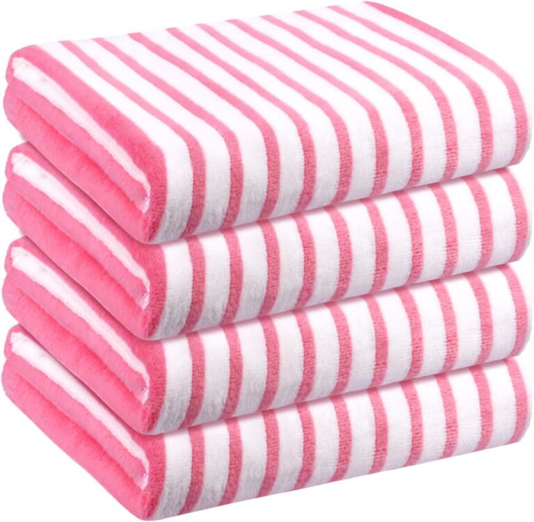 JML set of four pink striped microfiber towels measuring 27 by 55 inches, featuring a soft, absorbent, quick-drying design with hanging loops for bathrooms, beaches, gyms, swimming, yoga, travel, and everyday use.