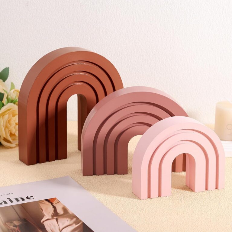 Set of three Joottuan pink wooden rainbow arch decorations in soft pink, deep pink, and natural wood for boho shelf décor, bookends, mantel styling, and tabletop displays.