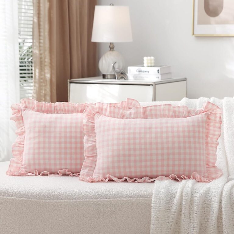Set of two K MASANIJI blush and white gingham plaid lumbar pillow covers with elegant ruffle trim, made from 100% washed cotton and featuring hidden zipper closures for farmhouse, French country, and cottage-style home décor.