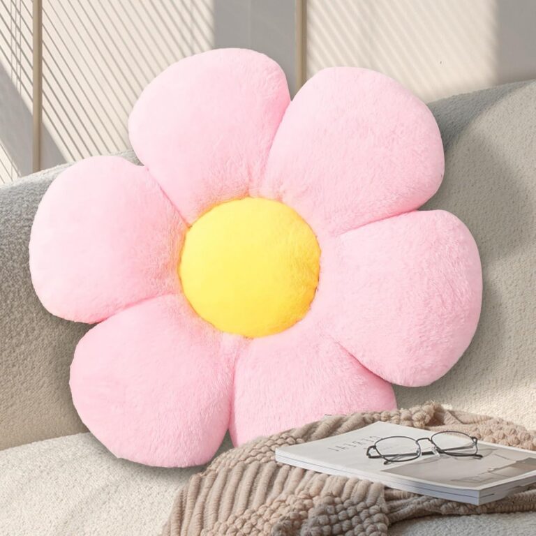 KUCCO-PILLOW 17.7-inch pink daisy flower throw pillow with a soft plush velvet cover and resilient PP cotton filling, perfect for sofas, beds, chairs, floor seating, nurseries, and cozy floral home décor.