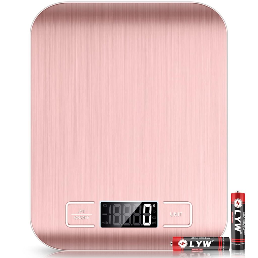 Pink digital kitchen food scale with a food-grade stainless steel weighing platform, LCD display, tare function, and six measurement units for accurate baking, cooking, and meal preparation.