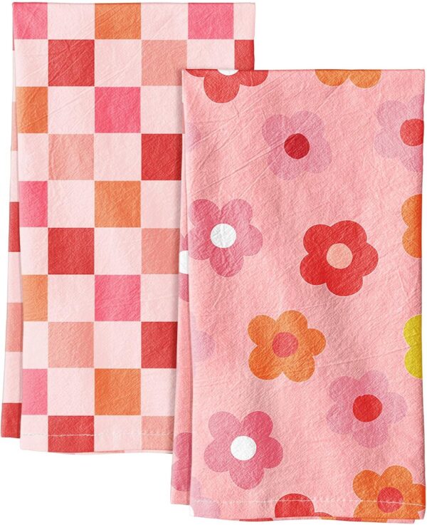 Set of two Miss Adola pink flowers flour sack kitchen towels made from 100% cotton with a pink checkered floral pattern, lint-free weave, hanging loops, and lightweight absorbent fabric for drying dishes, cleaning, and decorative kitchen use.