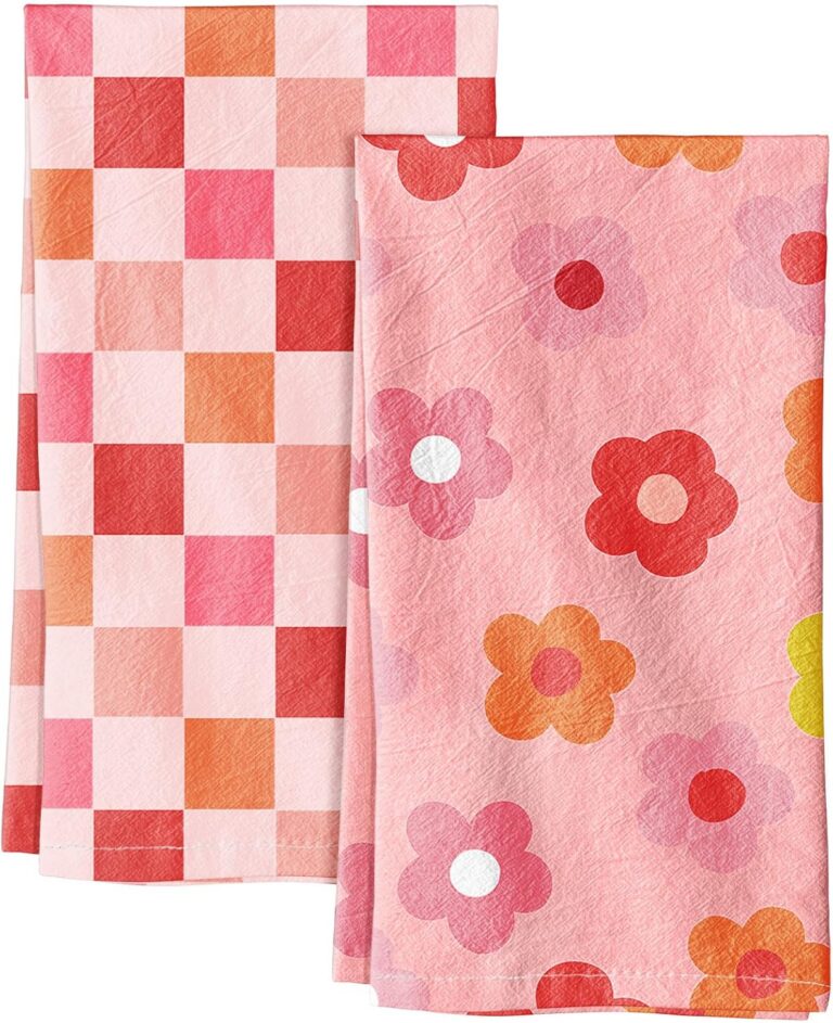 Set of two Miss Adola pink flowers flour sack kitchen towels made from 100% cotton with a pink checkered floral pattern, lint-free weave, hanging loops, and lightweight absorbent fabric for drying dishes, cleaning, and decorative kitchen use.