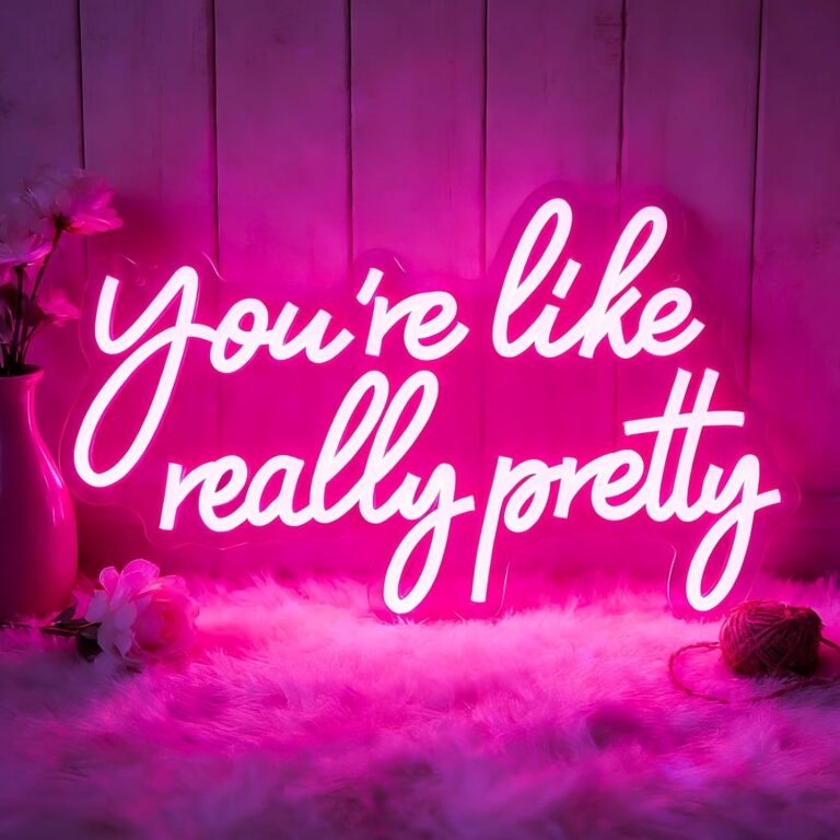 Mojoish "You're Like Really Pretty" pink LED neon sign with adjustable brightness, USB power, acrylic backboard, and flexible LED silicone tubing for girls' bedrooms, vanity setups, beauty salons, weddings, parties, and aesthetic room décor.
