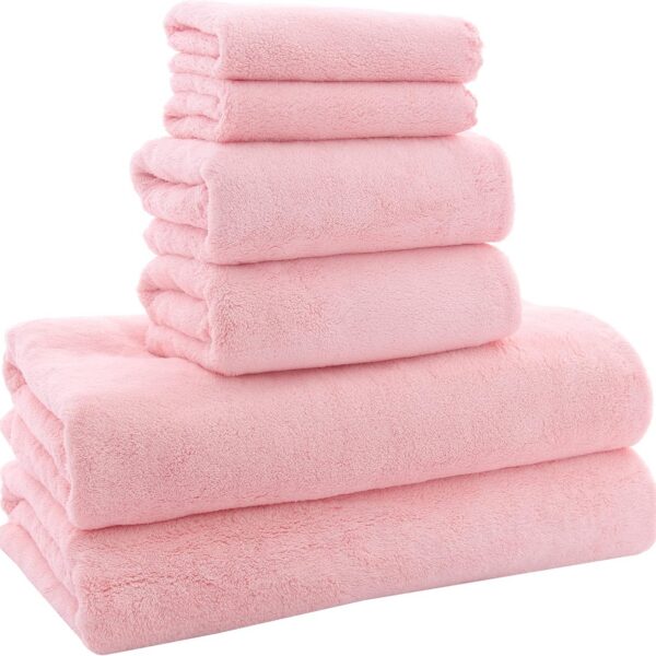 Pink 6-piece microfiber coral velvet towel set including two bath towels, two hand towels, and two washcloths with ultra-soft, highly absorbent, quick-drying fabric.