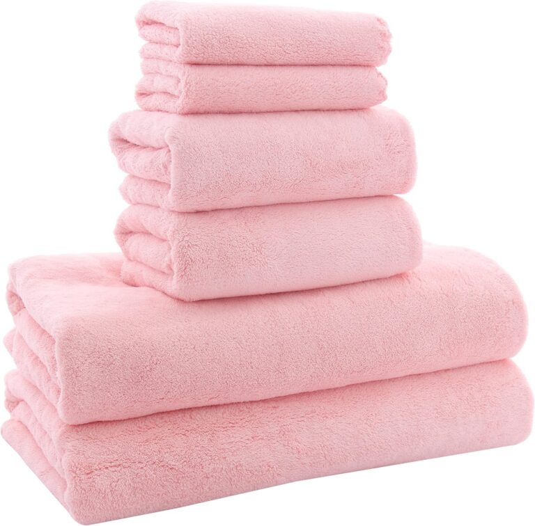 Pink 6-piece microfiber coral velvet towel set including two bath towels, two hand towels, and two washcloths with ultra-soft, highly absorbent, quick-drying fabric.