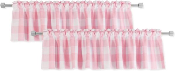 Set of two NATUS WEAVER pink and white buffalo check window valances made from cotton with a classic gingham plaid pattern, light-filtering fabric, and rod pocket design for farmhouse kitchens, bathrooms, dining rooms, and living spaces.