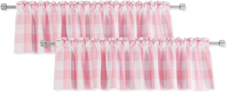 Set of two NATUS WEAVER pink and white buffalo check window valances made from cotton with a classic gingham plaid pattern, light-filtering fabric, and rod pocket design for farmhouse kitchens, bathrooms, dining rooms, and living spaces.