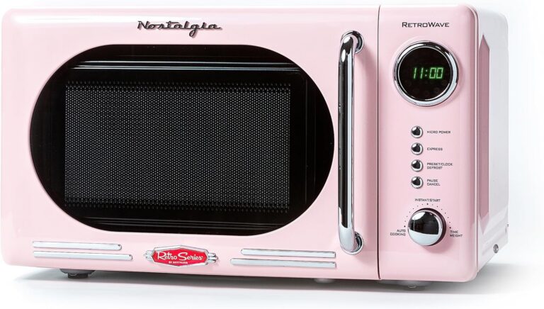Retro pink countertop microwave oven with a 0.7 cubic foot capacity, LED display, rotary dial controls, rotating glass turntable, child lock, and 12 pre-programmed cooking settings.