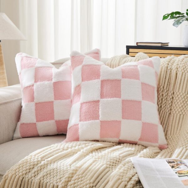 Set of two Ohocut pink checkered jacquard shag throw pillow covers measuring 18 by 18 inches, featuring a fluffy textured design with hidden zipper closure for sofas, beds, couches, and aesthetic home décor.