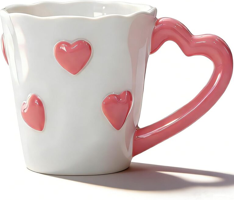 Oxmidud pink 8.5-ounce ceramic coffee mug featuring embossed 3D hearts, a heart-shaped handle, and a glossy finish for coffee, tea, lattes, cappuccinos, and hot chocolate.
