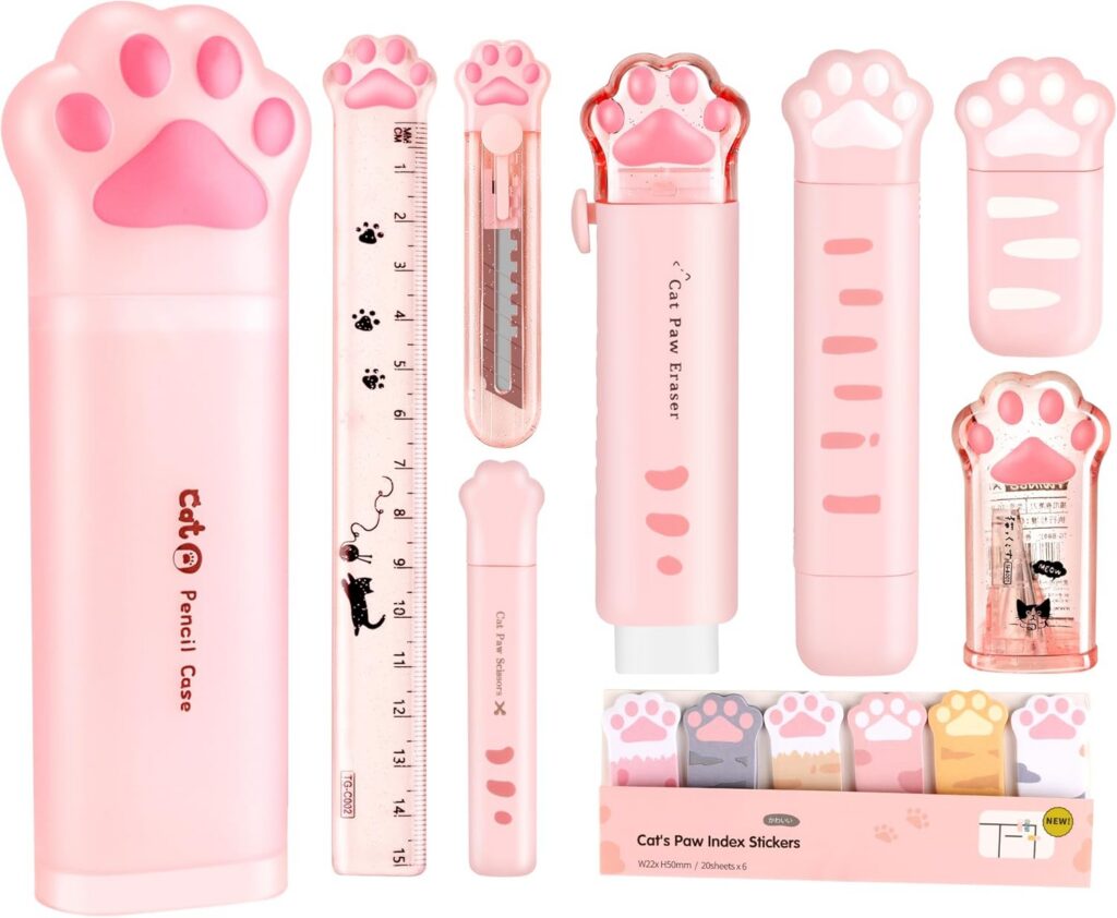 PANDENNER kawaii pink cat paw stationery set featuring a portable storage case with a pencil sharpener, eraser, correction tapes, ruler, mini scissors, utility knife, sticky notes, and file folder.