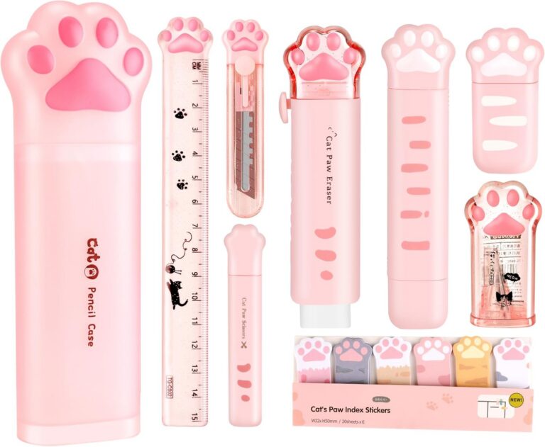 PANDENNER kawaii pink cat paw stationery set featuring a portable storage case with a pencil sharpener, eraser, correction tapes, ruler, mini scissors, utility knife, sticky notes, and file folder.