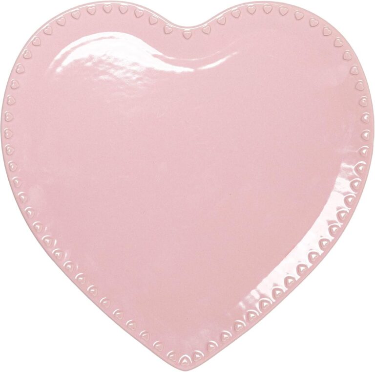 Paris Hilton 12-inch pink ceramic stoneware heart-shaped cake plate with a glossy finish for serving cakes, pastries, desserts, cookies, appetizers, and charcuterie at parties and everyday gatherings.