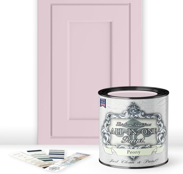Quart of Peony pale pink all-in-one acrylic furniture and cabinet paint with built-in primer and top coat, featuring a matte velvet finish for refinishing cabinets, furniture, doors, countertops, and DIY home décor projects without sanding.