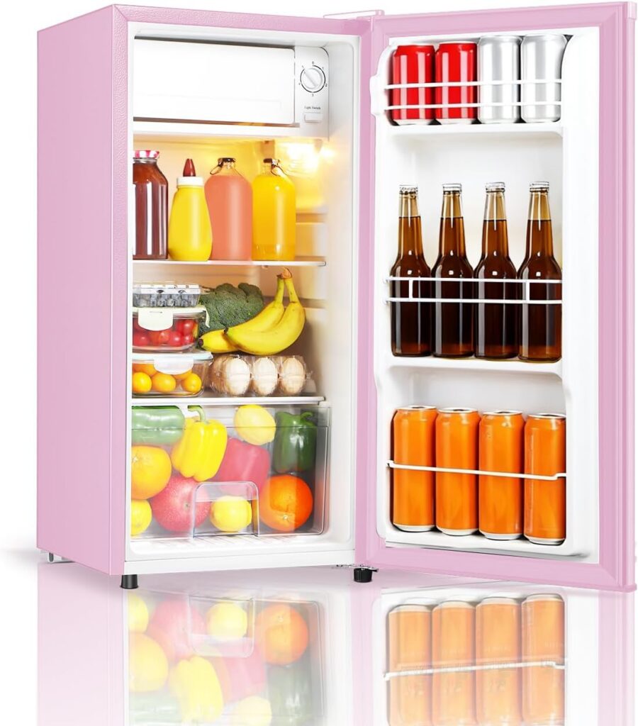Pink 3.1 cubic foot compact mini refrigerator with freezer, LED interior light, adjustable thermostat, removable tempered glass shelves, and crisper drawers for dorm rooms, bedrooms, offices, and apartments.