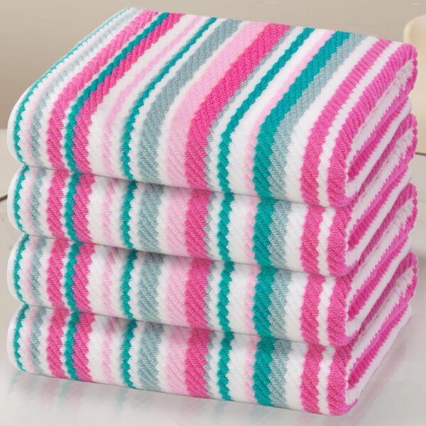 Set of four soft cotton bath towels with pink, aqua, and teal striped design, featuring quick-dry fabric, built-in hanging loops, and lightweight absorbent construction for everyday bathroom use.