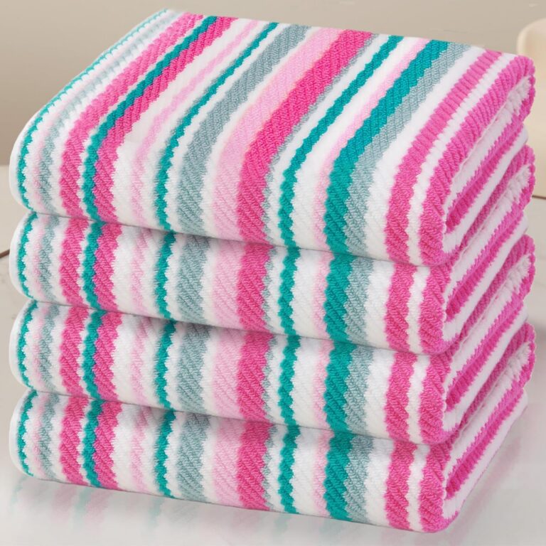 Set of four soft cotton bath towels with pink, aqua, and teal striped design, featuring quick-dry fabric, built-in hanging loops, and lightweight absorbent construction for everyday bathroom use.