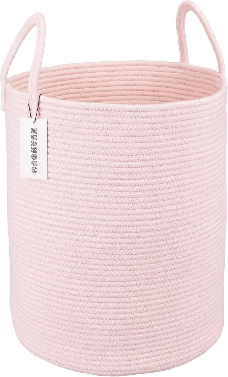 Large light pink woven cotton rope laundry basket with reinforced handles, round 58-liter storage hamper for laundry, blankets, toys, towels, and nursery organization.