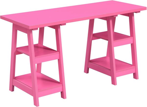 Pink contemporary computer desk with a spacious rectangular desktop and four built-in open shelves, constructed from engineered wood for home offices, bedrooms, and study spaces.