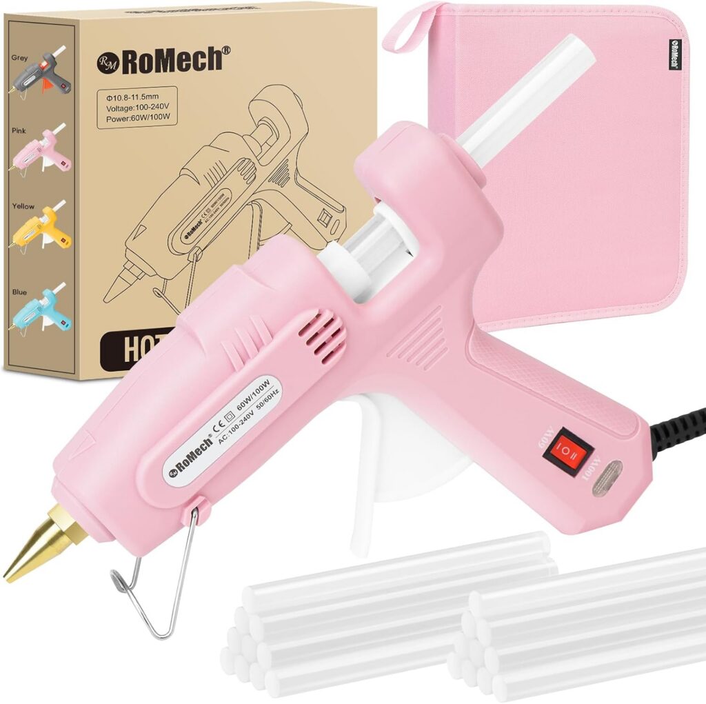 Pink full-size dual temperature hot glue gun with 60W and 100W settings, including 21 full-size glue sticks and an Oxford storage case for crafts, DIY projects, woodworking, and home repairs.