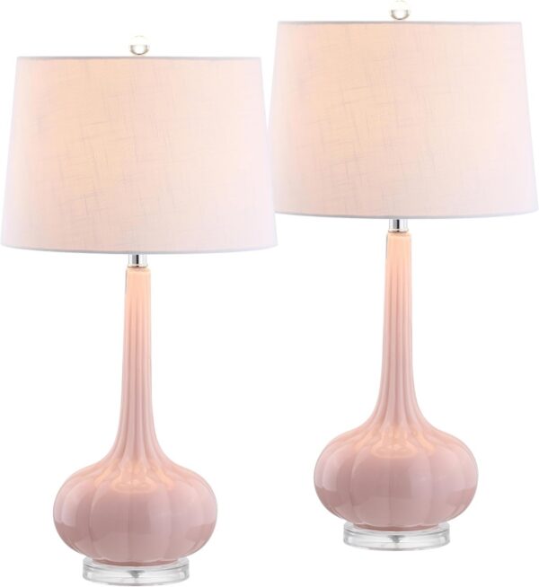 Set of two pink glass teardrop table lamps with oversized white linen drum shades, energy-efficient LED bulbs, and a modern transitional design for bedrooms, living rooms, desks, and nightstands.