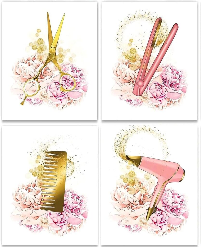 Set of four unframed pink hair salon wall art prints featuring fashionable hair styling tools with pink flowers and gold accents, designed for beauty salons, barber shops, bathrooms, bedrooms, and vanity décor.