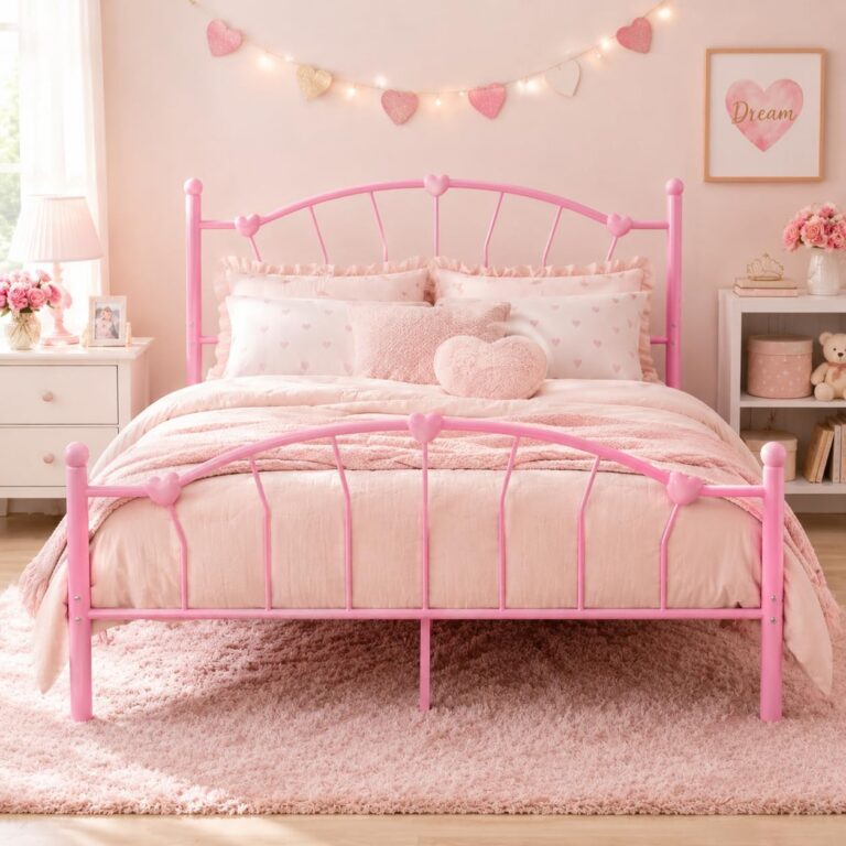 Pink full-size heart-shaped metal platform bed frame with decorative headboard and footboard, 12.5-inch under bed storage, heavy-duty 800-pound capacity, and no box spring required for modern teen and guest bedrooms.