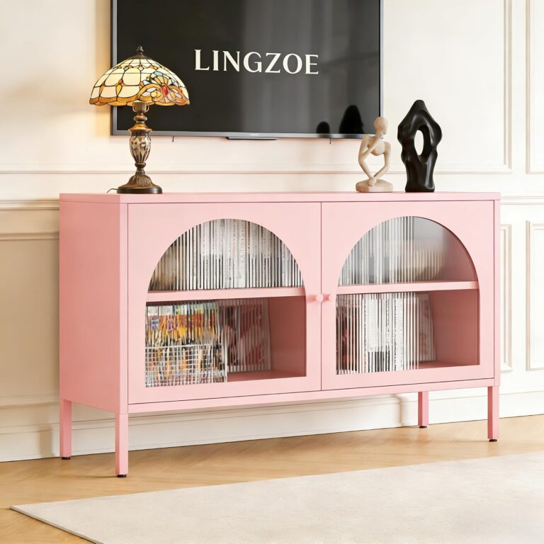 Modern pink metal TV stand with two clear acrylic cabinet doors, an adjustable interior shelf, raised metal legs, and contemporary storage for living rooms, bedrooms, home offices, or entryways.
