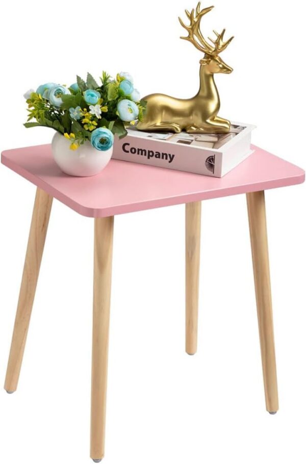 Small pink modern accent side table with a waterproof MDF tabletop, natural solid wood legs, and minimalist design for bedrooms, living rooms, nurseries, and compact spaces.