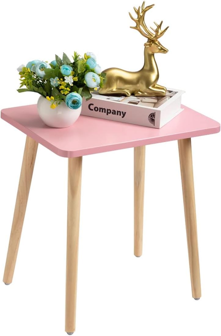 Small pink modern accent side table with a waterproof MDF tabletop, natural solid wood legs, and minimalist design for bedrooms, living rooms, nurseries, and compact spaces.