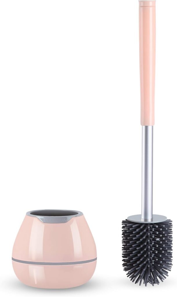 Pink silicone toilet brush and holder set with a rust-resistant aluminum handle, hidden built-in tweezers, and modern compact design for hygienic bathroom cleaning.
