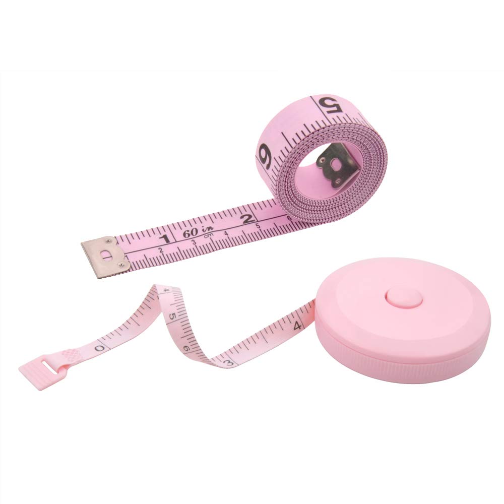 Two-piece pink body measuring tape set featuring one retractable soft fiberglass tape measure and one classic soft fiberglass tape with dual-sided inch and centimeter markings for sewing, tailoring, fabric, and body measurements.