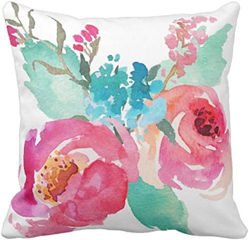 Set of two 18 x 18 inch decorative throw pillow covers featuring watercolor pink and turquoise peony flowers on soft velvet-like fabric with hidden zipper closures.