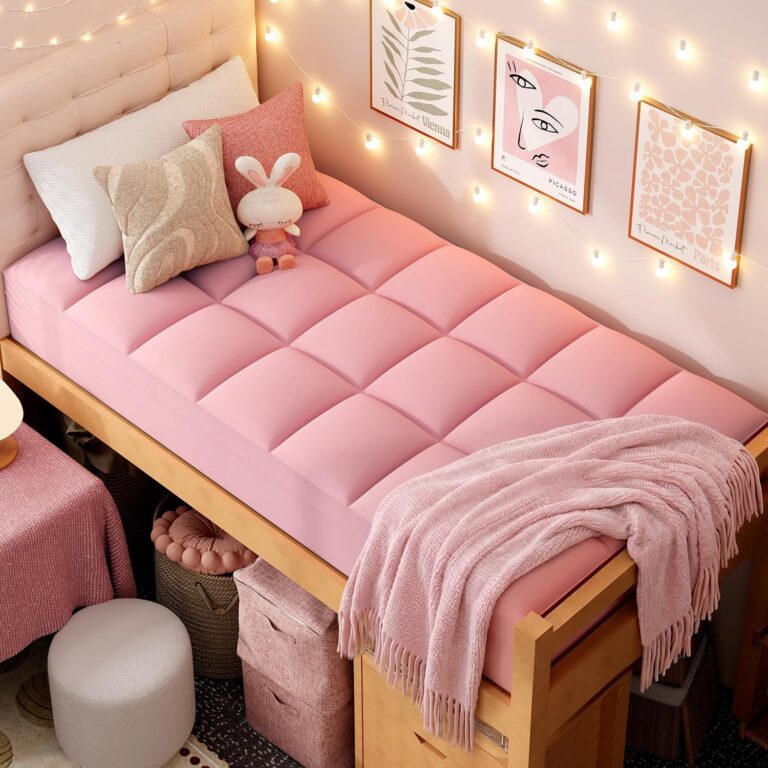 Pink Twin XL pillow top mattress topper with a brushed microfiber cover, quilted breathable design, deep pocket fit, and soft down alternative filling for college dorm beds.