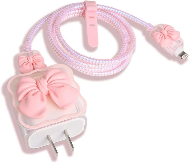 QLD COVER pink 5-piece charger protector set featuring a cute 3D bow design with a soft TPU charger cover, cable protectors, cable winder, and cable tie for Apple 18W and 20W USB-C power adapters.
