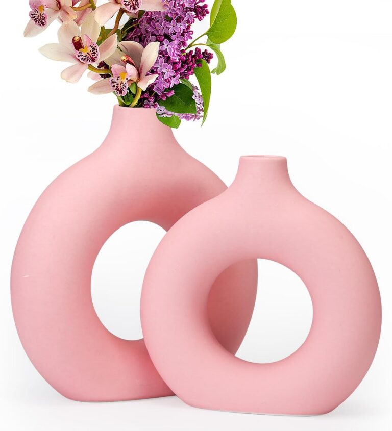 Set of two REDHILL light pink matte ceramic hollow vases featuring a modern minimalist round design for pampas grass, floral arrangements, shelves, coffee tables, and home décor.