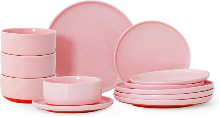 Pink 12-piece dual glaze stoneware dinnerware set featuring four dinner plates, four salad plates, and four cereal bowls with a glossy pink finish and natural terracotta base for modern everyday dining.