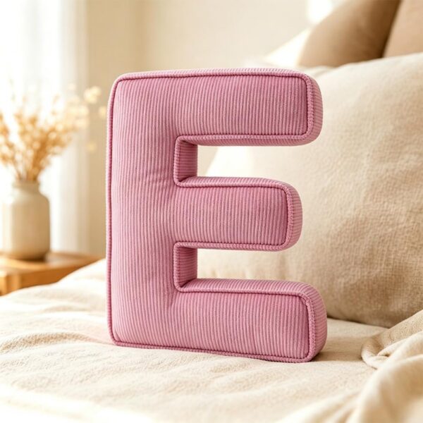 Pink corduroy letter E plush throw pillow with soft PP cotton filling, designed as a decorative initial cushion for bedrooms, sofas, nurseries, and living room décor.