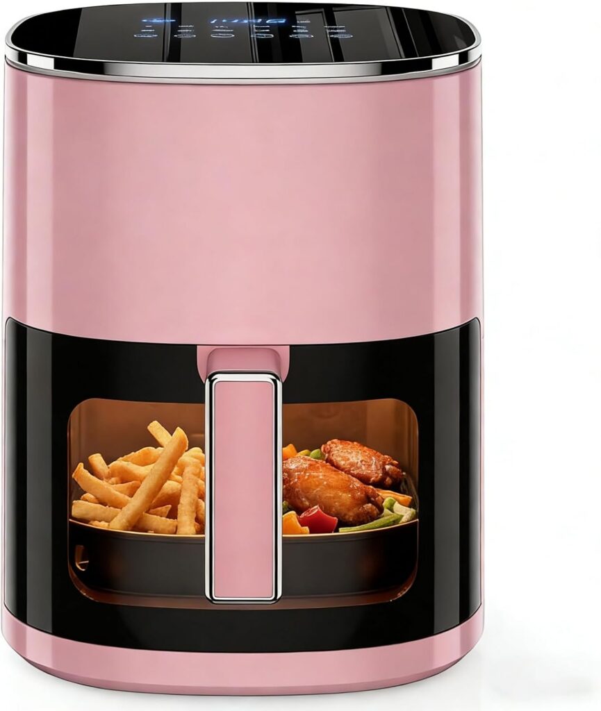 Pink 6.34-quart digital air fryer with touch controls, viewing window, interior light, nonstick dishwasher-safe basket, and 12 preset cooking functions.