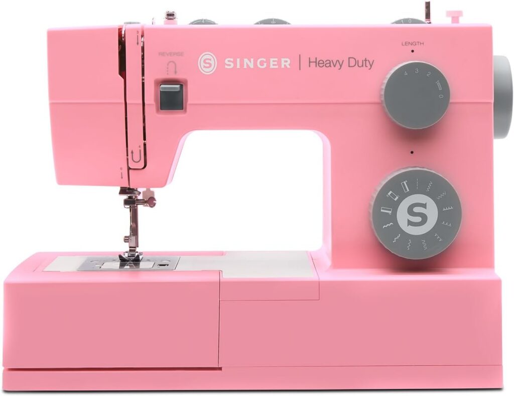 SINGER Heavy Duty 4411 pink sewing machine featuring 11 built-in stitches, 69 stitch applications, a high-speed 1,100 stitches-per-minute motor, heavy-duty metal frame, 4-step buttonhole, and complete sewing accessory kit.