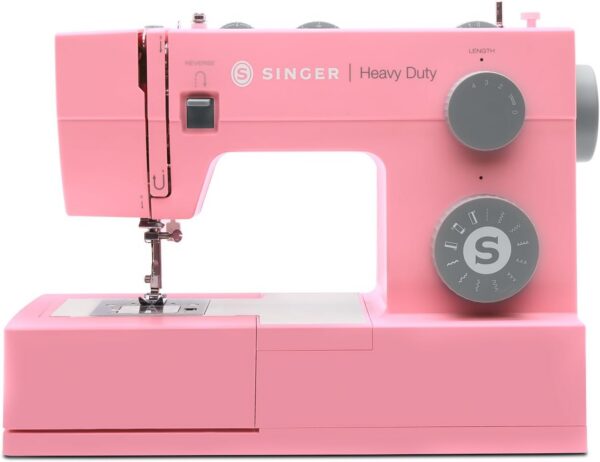 SINGER Heavy Duty 4411 pink sewing machine featuring 11 built-in stitches, 69 stitch applications, a high-speed 1,100 stitches-per-minute motor, heavy-duty metal frame, 4-step buttonhole, and complete sewing accessory kit.