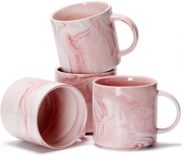 Set of four Smilatte 12-ounce marble pink ceramic coffee mugs with stackable design, comfortable handles, and unique marble patterns for coffee, tea, hot chocolate, and everyday use.