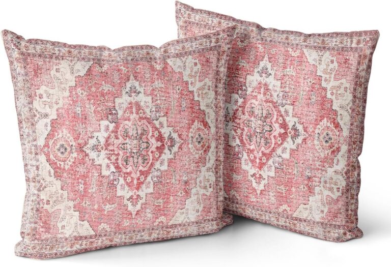 Set of two Snycler pink boho throw pillow covers featuring double-sided bohemian rug-inspired patterns, soft velvet-like short plush fabric, hidden zipper closures, and decorative square 18x18-inch covers for sofas, beds, chairs, and living room décor.
