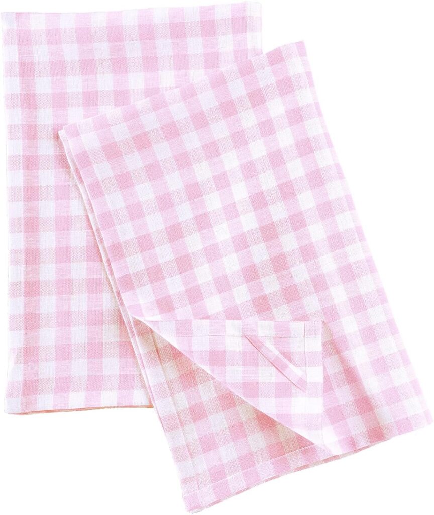 Set of two Solino Home Marshmellow Pink gingham kitchen towels made from 100% pure European flax linen with hanging loops, naturally absorbent quick-drying fabric, and a classic check pattern for farmhouse, coastal, and modern kitchens.